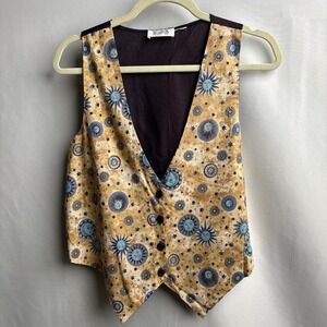Sostanza Vintage Sun Moon Celestial Print Vest Tan Blue Brown Whimsigoth Cosmic